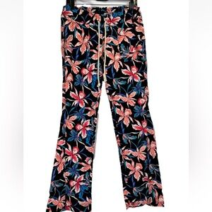 Roxy Womens S Oceanside Tropical Floral Flare Pants Linen‎ Low Rise Beach Vibes